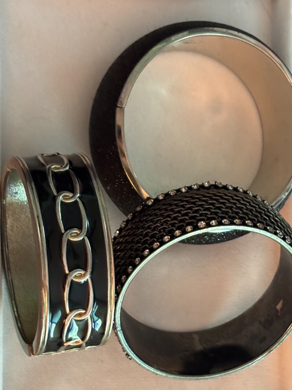 Set of 3 Black Wide Cuff Bracelets | Mesh/Rhinestone, Glitter & Enamel Hinge